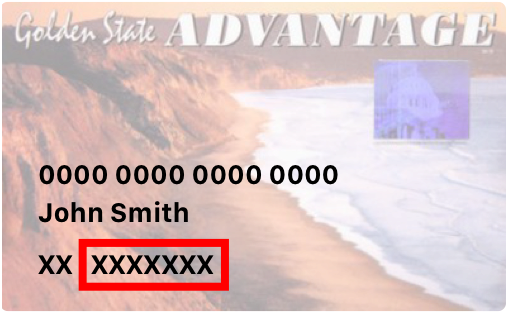 Front of EBT card showing 2 characters and then a red box around the next 7 characters under a name.