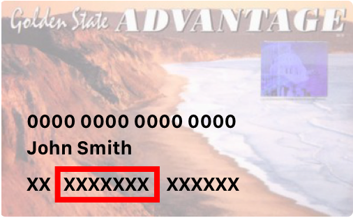 Front of EBT card two characters, a red box around the next 7 characters followed by six characters under a name.